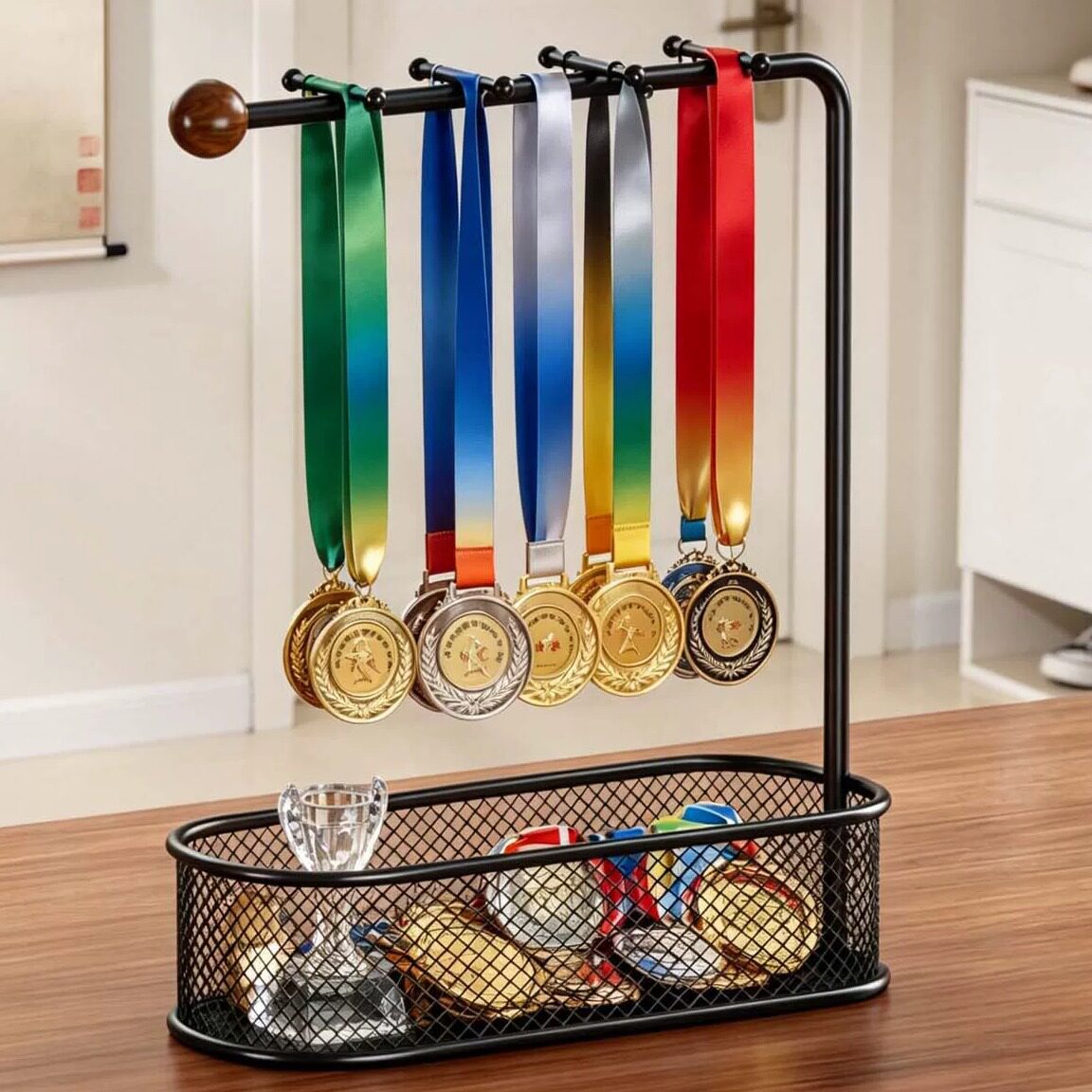 Desktop Medal Display Rack with Trophy Storage Box and Entryway Organizer