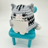 Positive Crochet Cat Doll with Affirmation Card, Handmade Knitted Animal Figurine
