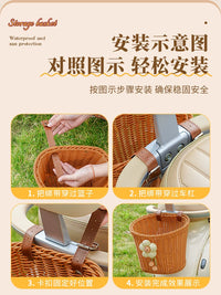 Electric Bicycle Rear Basket Woven Rattan Style Front Storage Pouch Universal for Kids' Bikes