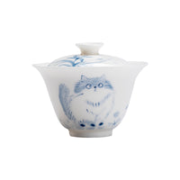 Hand-Painted Underglaze Blue and White Cat Gaiwan Teacup, Thin-Walled Porcelain, 110ml