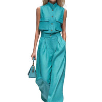 Women's Sleeveless Vest & Wide-Leg Pants Set, European Style Casual Two-Piece Outfit