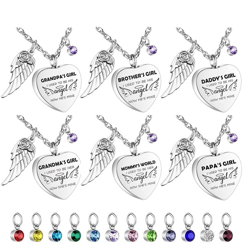 Cremation Urn Necklace with Heart Pendant, Birthstone, and Angel Wing for Ashes, Hair, or Remains