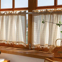 Japanese Retro Cotton Linen Blend Cafe Curtain for Windows and Doors, No-Drill Installation, Light Filtering Half Curtain