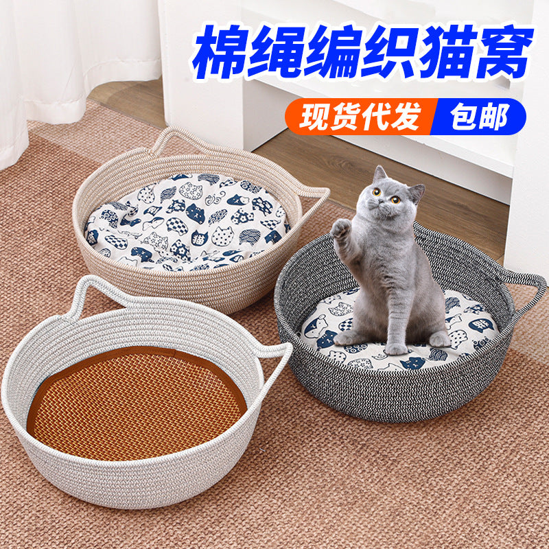 Hand-Woven Cotton Rope Cat Bed with Scratching Board, All-Season Pet Nest for Cats