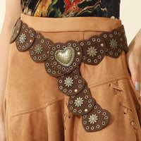 Bohemian Velvet Heart Buckle Belt for Women, Vintage Style Round Patchwork Waistband