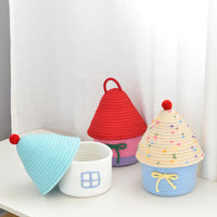 Hand-Woven Cotton Rope House-Shaped Storage Basket with Lid for Home Decor