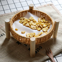 Handwoven Rattan-Style Double-Layer Fruit Basket with Wooden Stand for Living Room Snacks & Afternoon Tea