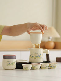 Portable Ceramic Travel Tea Set with 1 Pot, 4 Cups & Canister for Outdoor Camping & Gifts