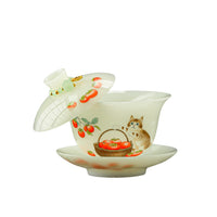 Jade Ceramic Gaiwan Tea Bowl with Suspended Lid, White Porcelain Kung Fu Tea Set Gift