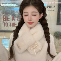 Japanese Sweet Lace Bow Plush Short Cross Scarf for Women, Thickened Warm Neck Warmer