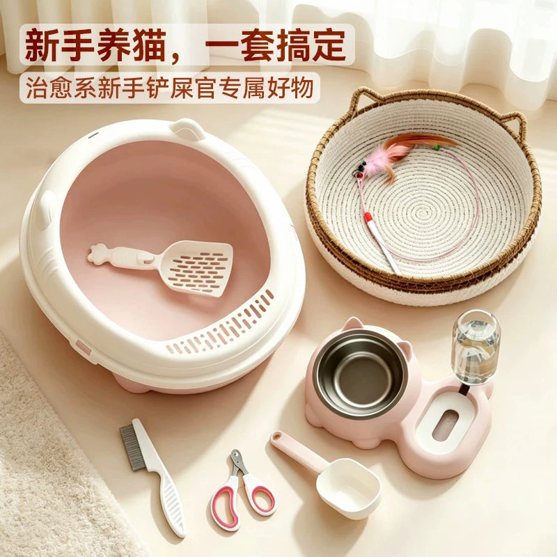 Large Semi-Enclosed Cat Litter Box with Anti-Splash Design and Pet Supplies Set