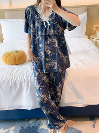 Women's Cotton Pajama Set Short Sleeve Breathable Sleepwear with Princess Style