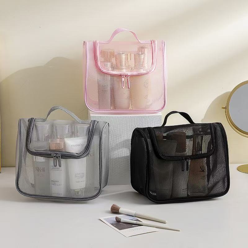 Portable Large Capacity Mesh Cosmetic Bag with Handle for Travel and Makeup Brush Storage