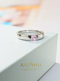 925 Sterling Silver Pink Diamond Ring with High Carbon Diamond Inlay