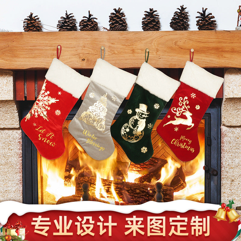 Christmas Stocking Embroidered Gold Stamping Candy Gift Bag Fireplace Hanging Decoration