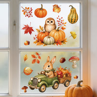 Autumn Cartoon Animal Static Cling Window Decals - Removable Pumpkin Maple Leaf Thanksgiving Decorations