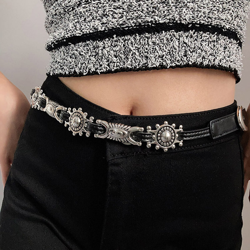 American Retro Carved Leather Belt for Jeans - Vintage Style Waist Chain Accessory