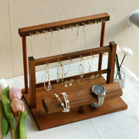 Solid Wood Jewelry Display Stand with Hooks for Necklaces, Earrings, Bracelets, and Keychains