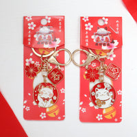 Japanese Lucky Cat Sakura Keychain Charm for Bags and Keys, New Year Fortune Cartoon Alloy Keyring