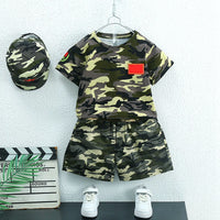 Kids Camouflage Summer Outfit Set for Boys and Girls - Short Sleeve Top, Shorts/Skirt, and Hat