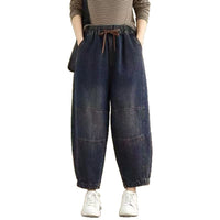 Women's Vintage Distressed Denim Harem Pants with Drawstring Waist