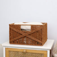 Handwoven Paper Rope Storage Basket with Window, New Chinese Style Cross-Woven Organizer for Living Room and Bedroom