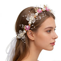 Girls' Princess Crown Headband with Pearl Flowers and Ribbons for Parties and Costumes
