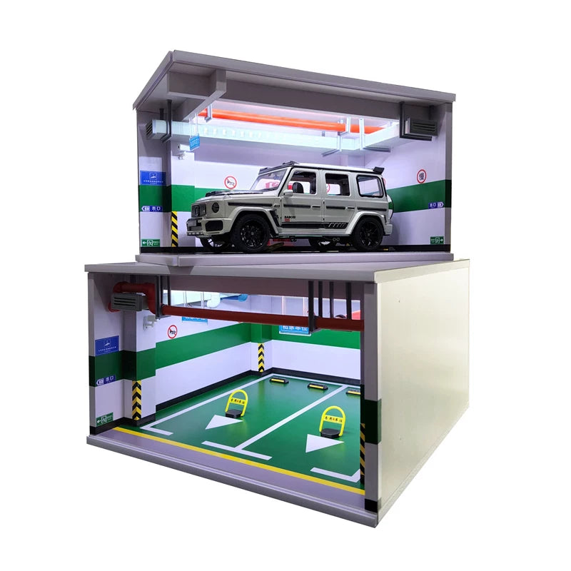 Acrylic Display Case for 1:18 and 1:24 Scale Model Cars - Dustproof Underground Parking Garage Diorama