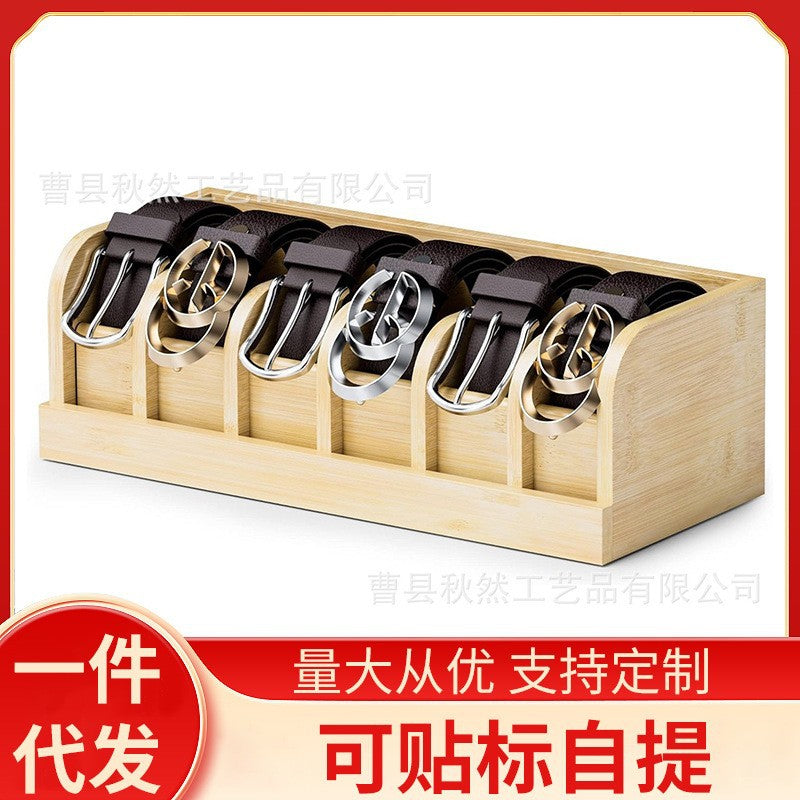 Wooden Belt Storage Box with Compartments for Belts, Watches, and Accessories