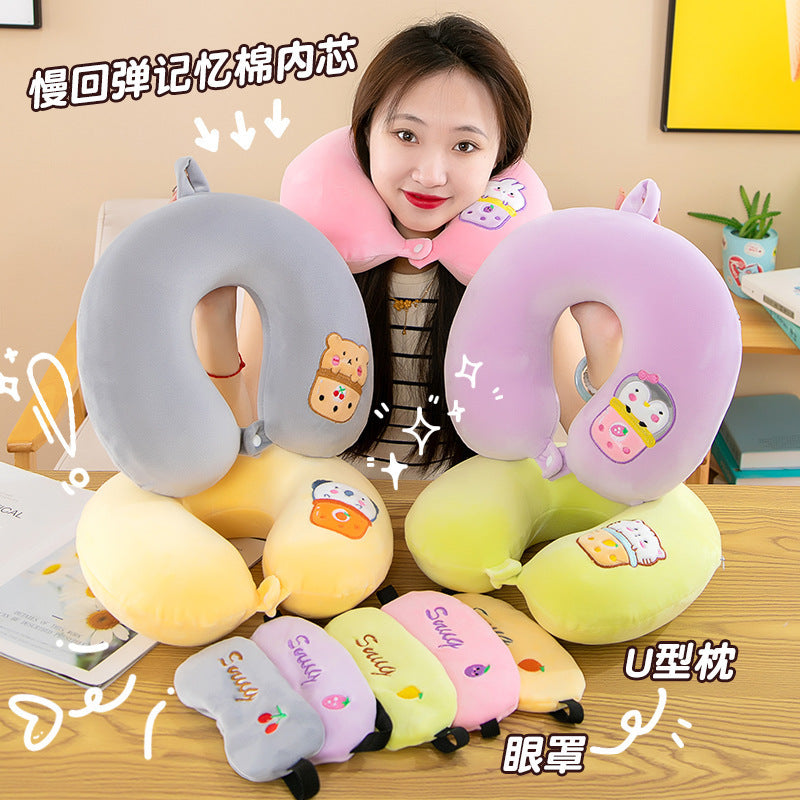 Memory Foam U-Shaped Travel Neck Pillow with Eye Mask Set for Office and Napping