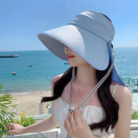 Women's UV Protection Wide Brim Sun Visor Hat with Neck Flap and Bow Detail
