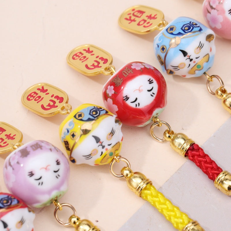 Ceramic Maneki-Neko Persimmon Charm Keychain for Bags and Keys