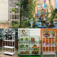 Multi-Tier Wrought Iron Folding Plant Stand with Hooks for Indoor/Outdoor Use