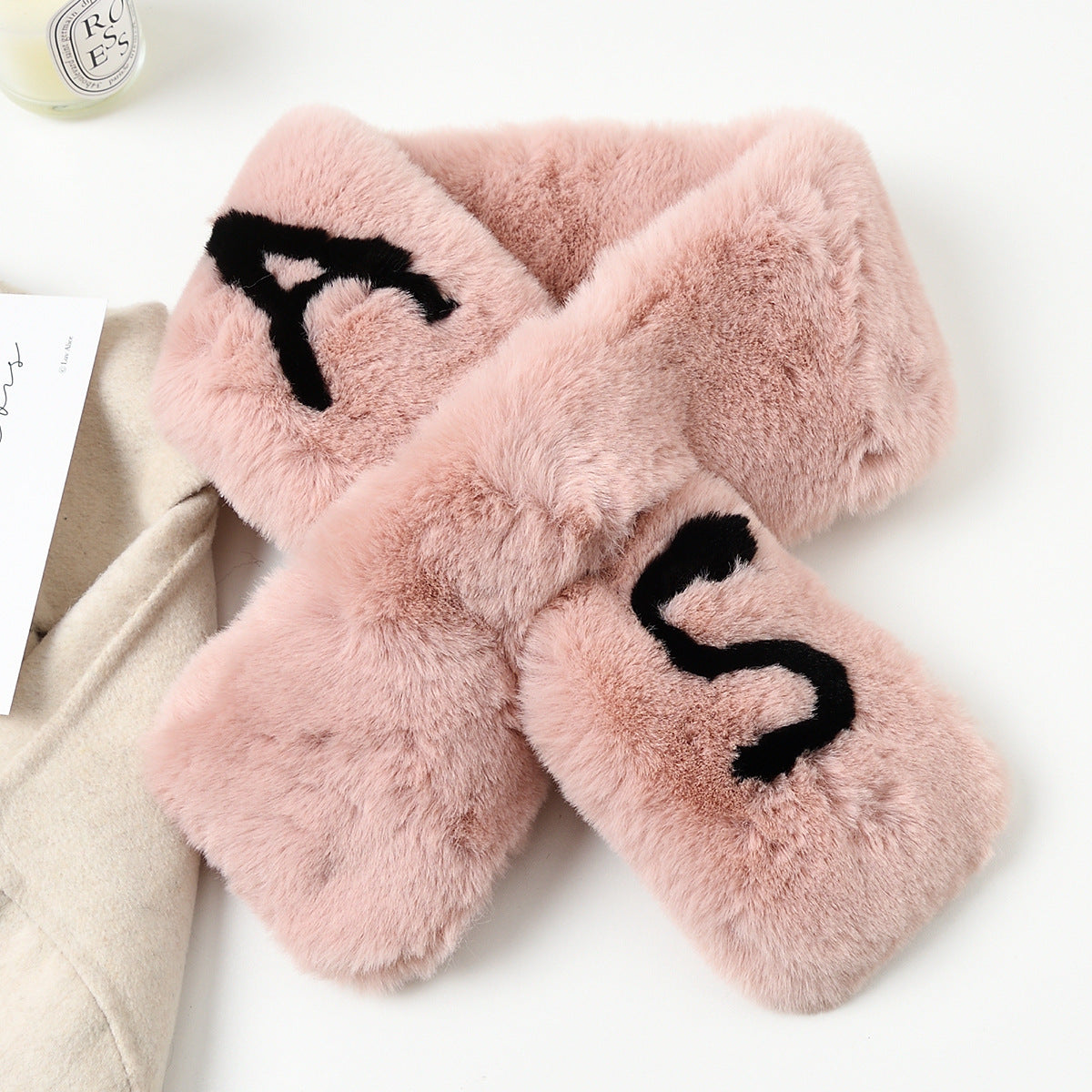 Women's Plush Faux Fur Scarf with Letter Embroidery, Thickened Warm Cross Collar