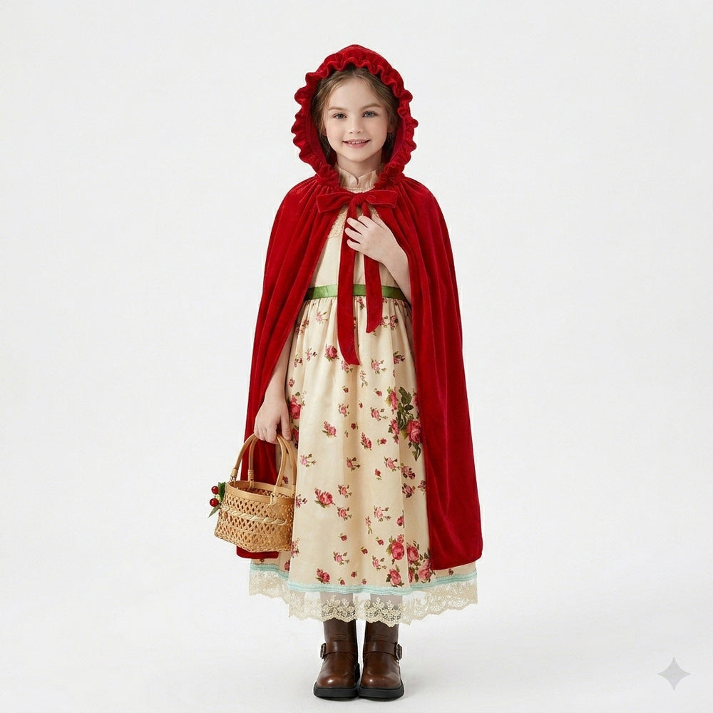 Girls' Little Red Riding Hood Costume Dress with Cape for Halloween Cosplay