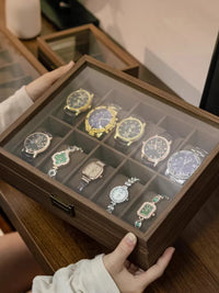 Premium Walnut Wood Grain Watch Storage Box with Clear Lid, Multi-Slot Organizer