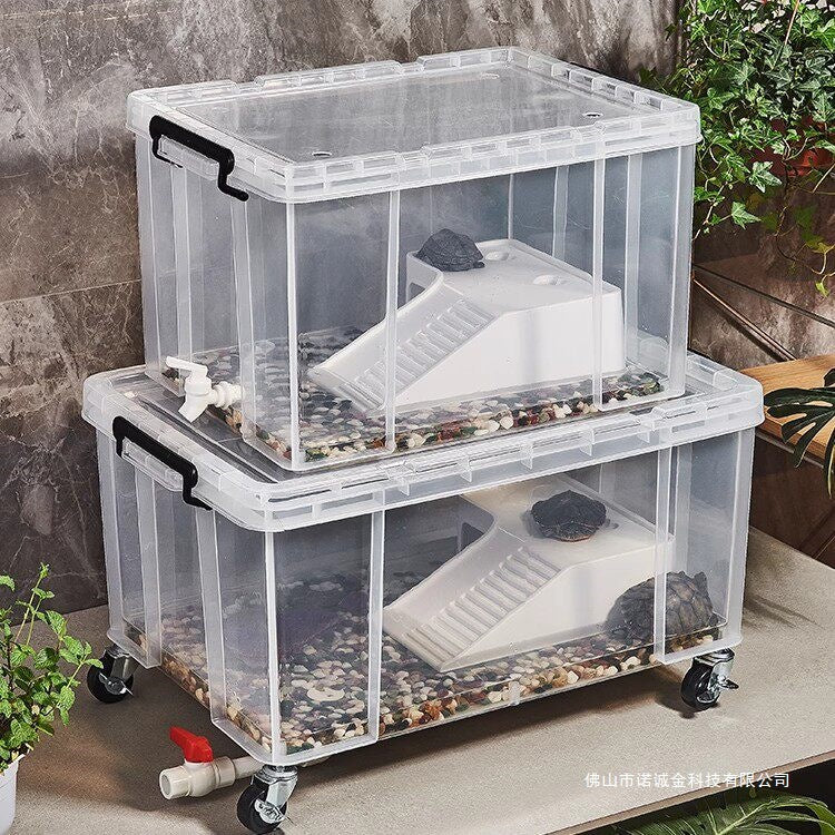 Large Turtle Habitat Tank with Filter and Landscape, Plastic Aquarium with Lid and Drain