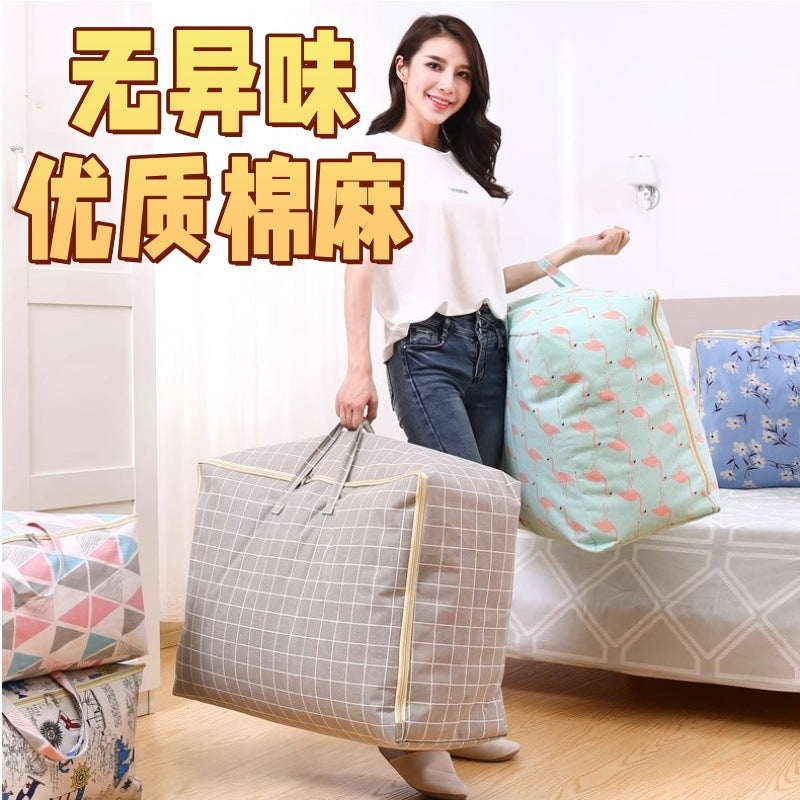 Cotton Linen Quilt Storage Bag with Handle, Foldable Clothes Organizer for Comforters and Down Jackets