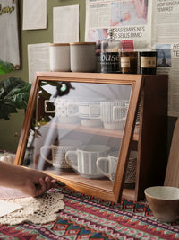 Vintage Wooden Dustproof Coffee Cup Display Cabinet with Flip Lid for Desktop Tea Set Storage