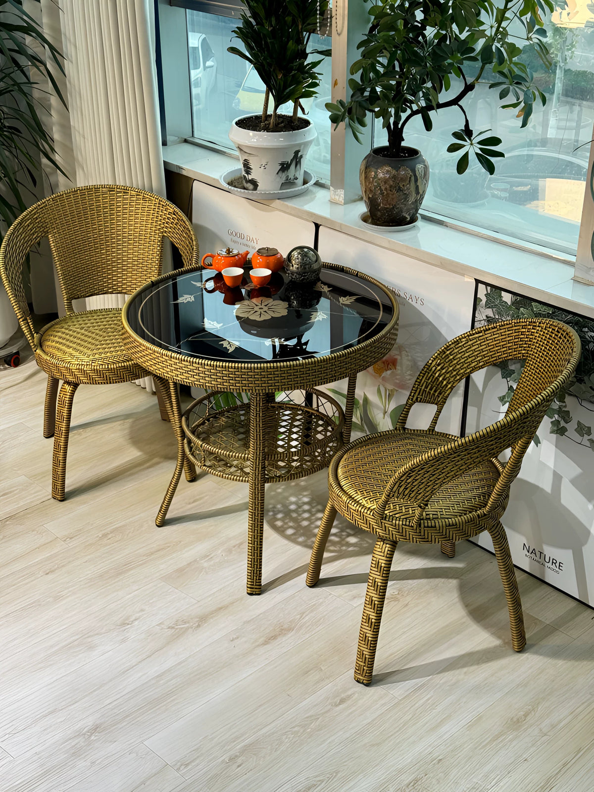 Outdoor Rattan Swivel Chair and Table Set, Reinforced High-Back Patio Furniture