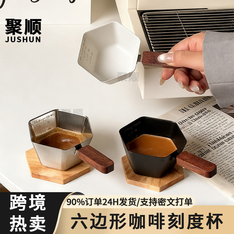 Hexagonal Stainless Steel Espresso Measuring Cup with Wooden Handle, 150ml