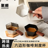 Hexagonal Stainless Steel Espresso Measuring Cup with Wooden Handle, 150ml