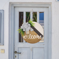 Welcome Eucalyptus Grass Wooden Bead Tassel Round Plaque Wreath Door Hanging Ornament for Courtyard Decoration