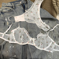 French Lace Floral Bralette and Panty Set for Women, Thin Push-Up Bra for Large Busts