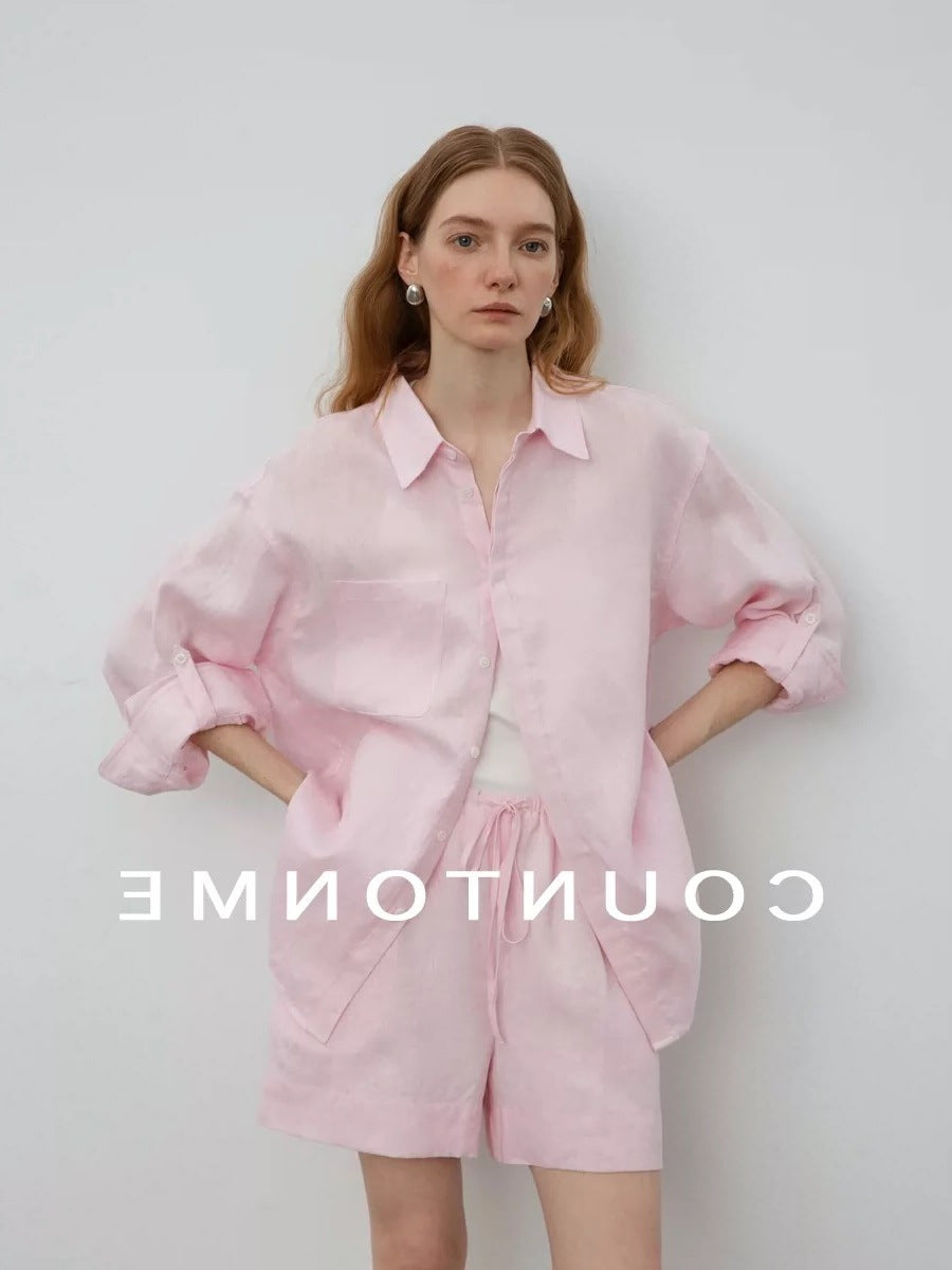 COUNTON Linen Blend Relaxed Fit Shirt & Shorts Set for Women