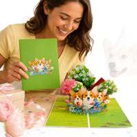 3D Corgi Pop-Up Birthday Card with Handmade Flower Bouquet