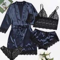 Women's Lace Pajama Set with Robe and Shorts, 4-Piece Sleepwear Loungewear