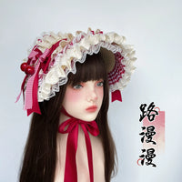 Cherry Ripe Lolita Handmade Cake Mini Hat Sun Hat with Wine Red Plaid Headband BNT