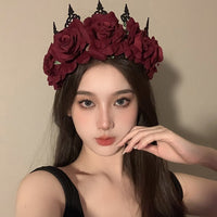 Gothic Lolita Rose Flower Headband Crown Necklace Set for Halloween Cosplay Bridal