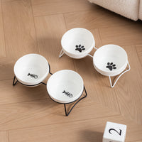 Minimalist White Ceramic Pet Bowl with Iron Stand for Cats and Dogs, Anti-Tip Elevated Food and Water Dish